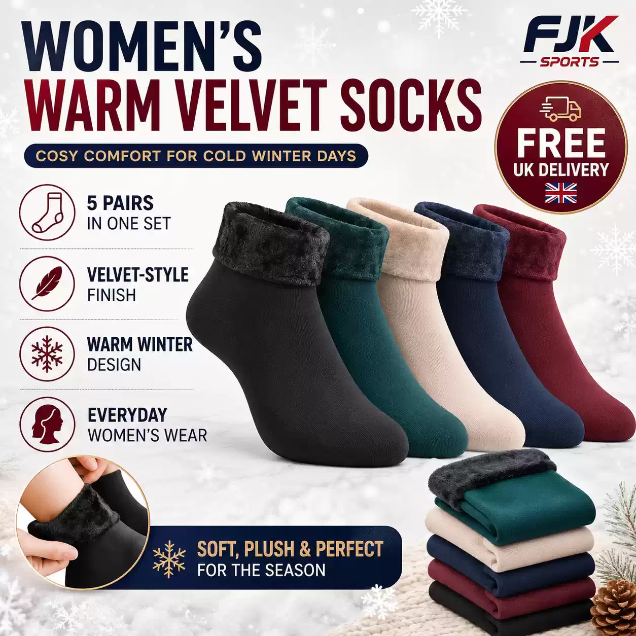 Women’s warm velvet winter socks 5-pair set in black, green, beige, navy and burgundy with soft plush cuffs