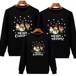 Yellow matching family Christmas sweatshirts with festive cartoon print.