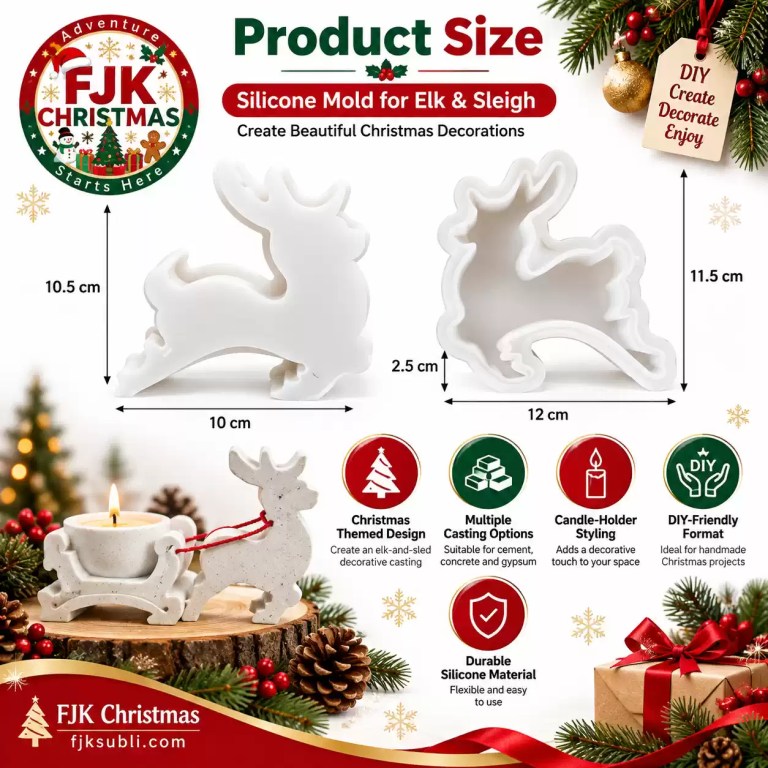 Christmas elk and sleigh silicone mold for DIY candle holder and festive casting projects.