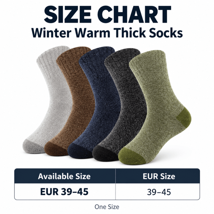 Winter Warm Thick Socks Size Chart Winter warm thick socks size chart showing one-size fit for EUR 39–45 in grey, brown, navy, black and green colours