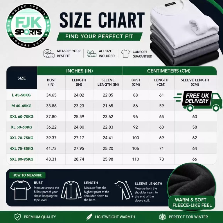 Fleece lined thermal base layer size chart
