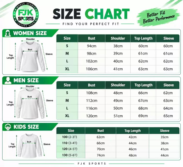 Size measurement guide for men, women, and kids long-sleeve apparel.