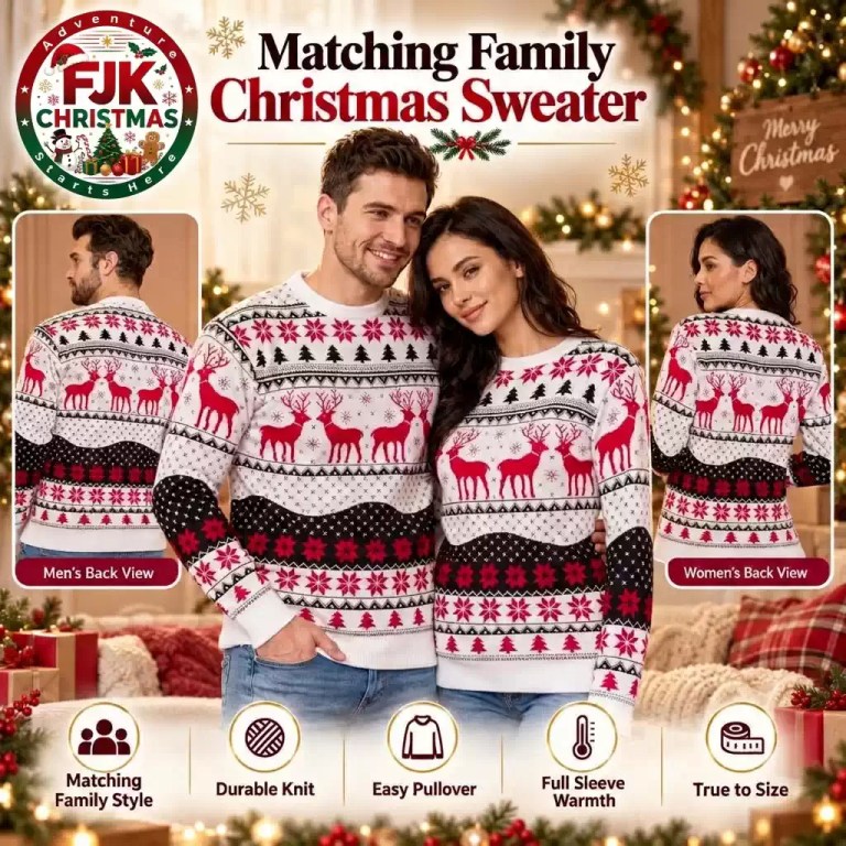 Matching family Christmas sweater with red reindeer print, durable knit, pullover design and full sleeves.