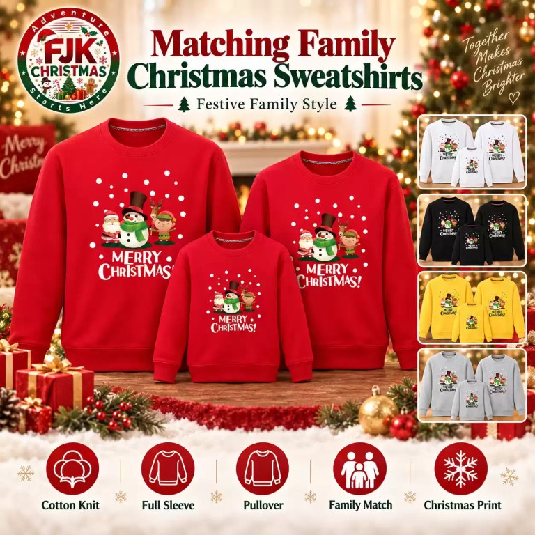 Matching family Christmas sweatshirts in red with Santa, snowman and reindeer print.