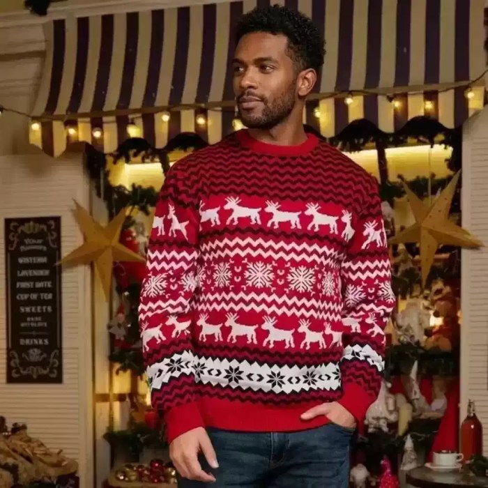 Man standing with hand in pocket wearing a red knit holiday sweater.