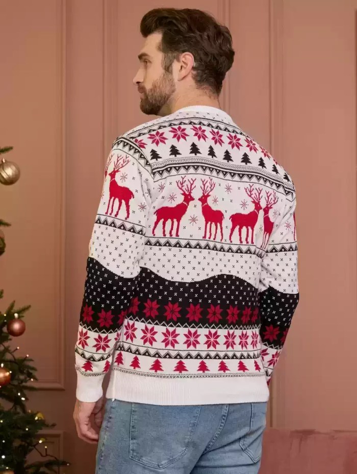 Rear view of a man wearing a white, red, and black fair isle knit sweater near a Christmas tree.