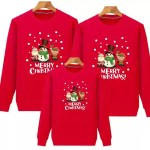 Red matching family Christmas sweatshirts with Santa, snowman and reindeer print.