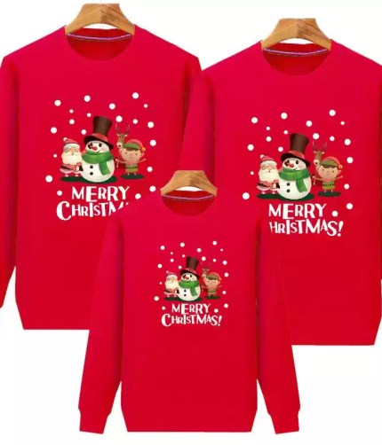 Red matching family Christmas sweatshirts with Santa, snowman and reindeer print.