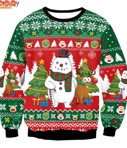 Green and red Christmas sweater with snowman, reindeer and festive tree print.