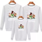 Black matching family Christmas sweatshirts with Santa and snowman design.