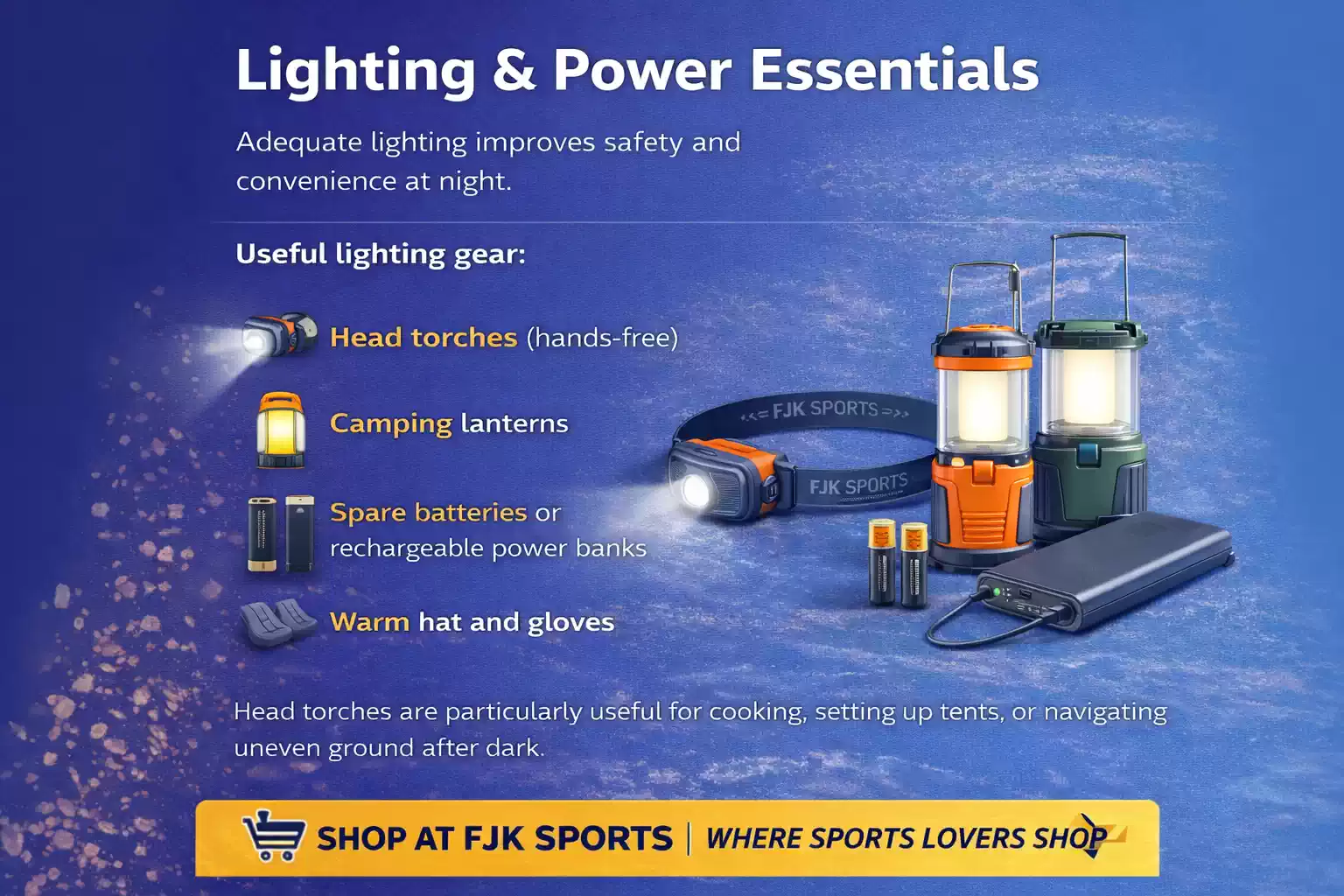 Camping lighting and power essentials for UK outdoor trips by FJK Camping Gear