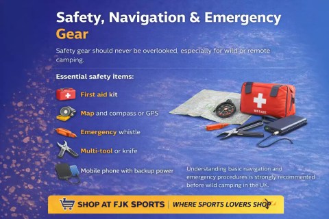 Camping safety, navigation and emergency gear with first aid kit, map and compass, GPS, whistle, multi-tool and power bank, essential wild camping safety equipment in the UK