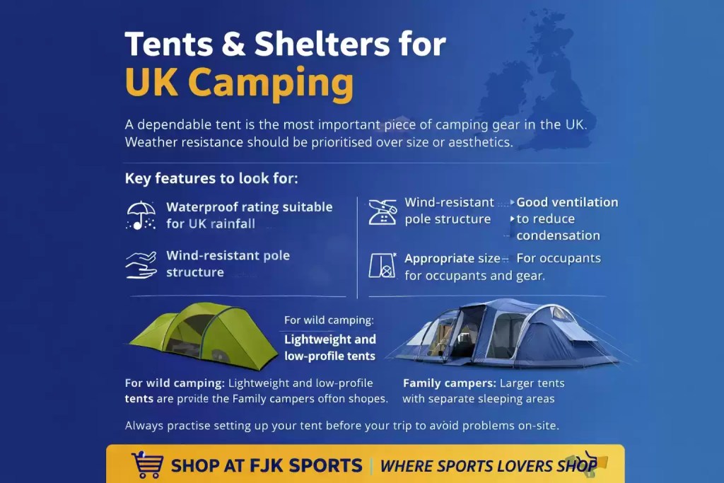 Tents and shelters for UK camping showing waterproof family tent and lightweight wild camping tent, weather-resistant camping gear for rain and wind, shop camping tents at FJK SPORTS