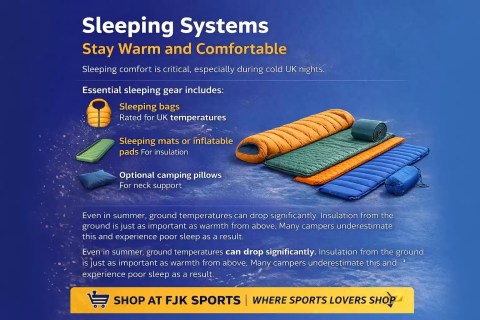 Camping sleeping systems for UK camping including sleeping bags, insulated sleeping mats and inflatable pads, essential camping sleep gear for cold UK nights by FJK SPORTS