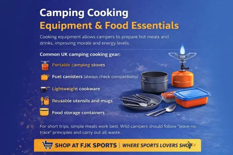 Camping cooking equipment and food essentials for UK camping with portable camping stove, cookware, fuel canisters and food storage containers, camping kitchen gear from FJK SPORTS