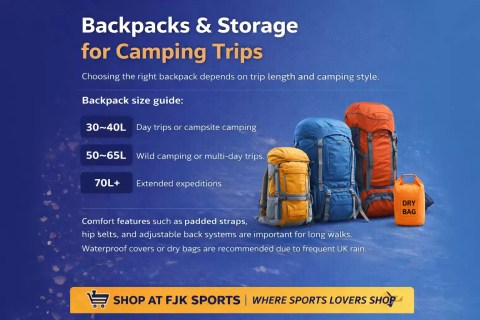 Camping backpacks and storage for UK camping trips showing 30L, 50L and 70L backpacks with dry bags, waterproof camping rucksacks for wild camping and multi-day hikes by FJK SPORTS.