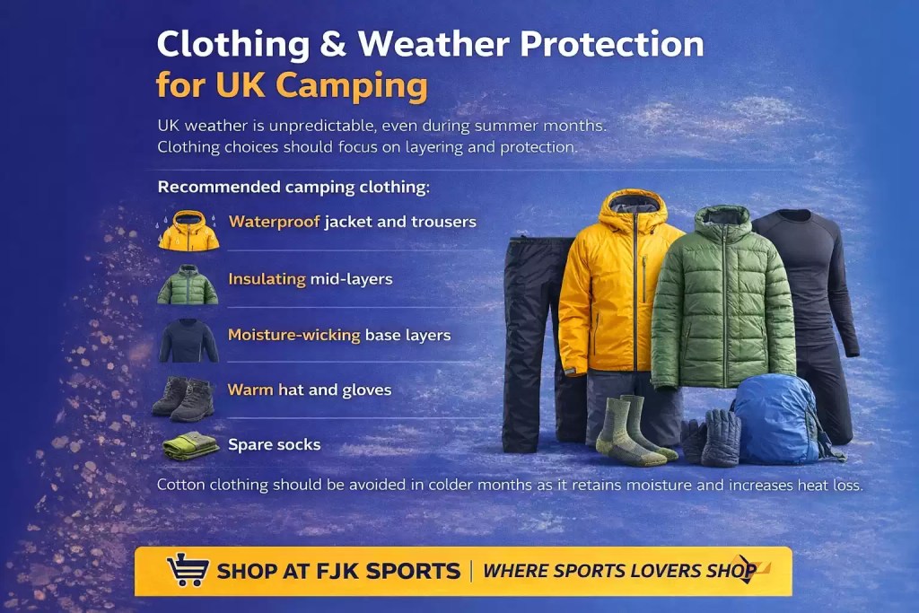 Camping clothing and weather protection for UK camping featuring waterproof jackets, insulating layers, moisture-wicking base layers, gloves and socks for unpredictable UK weather from FJK SPORTS