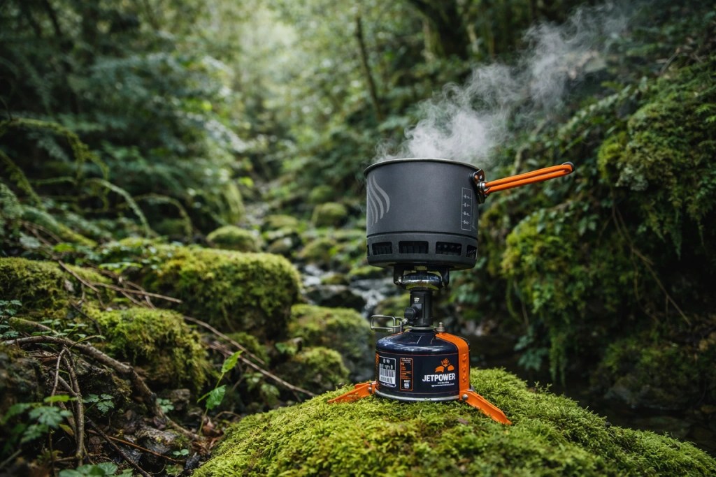 Portable camping stove boiling water outdoors for hiking and backpacking