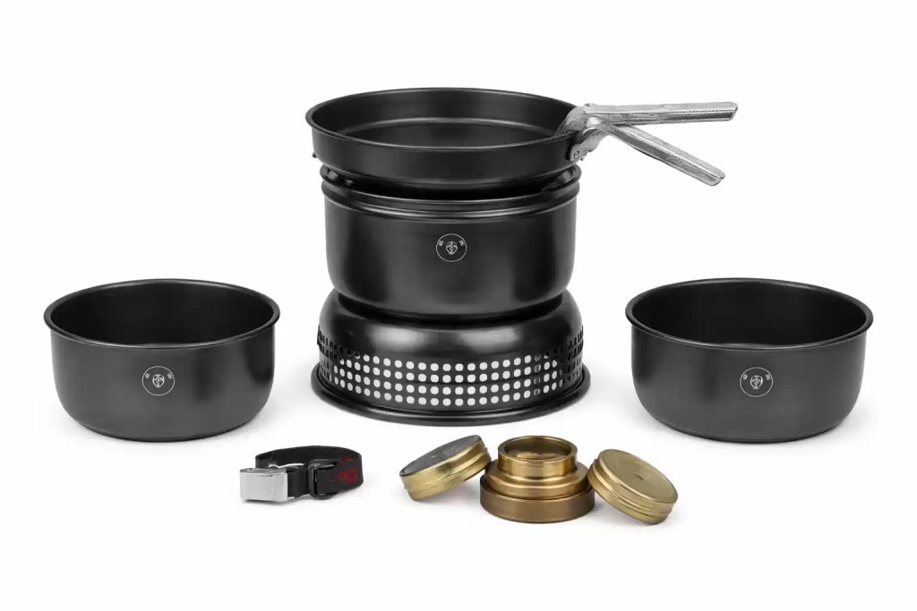 Portable camping cooking set with stove, pots and fuel burner
