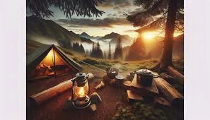 Camping lantern and cookware at sunset campsite