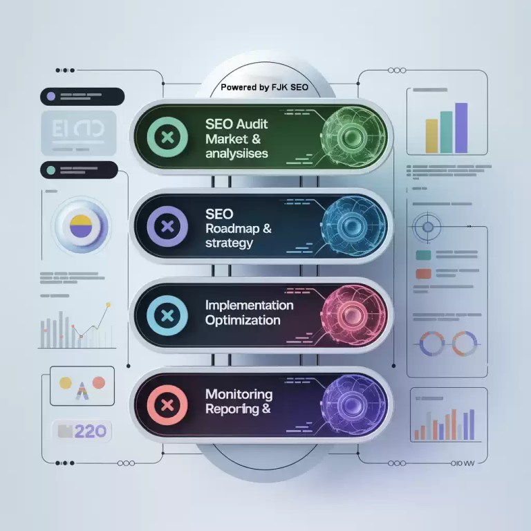 FJK SEO workflow illustrating audit, strategy, implementation, and growth monitoring for UK SEO clients.