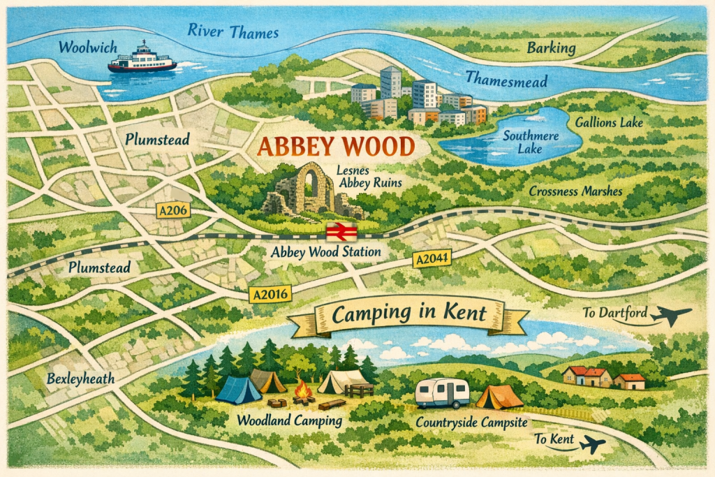Map showing Abbey Wood location in South East London near Thamesmead and Kent camping areas