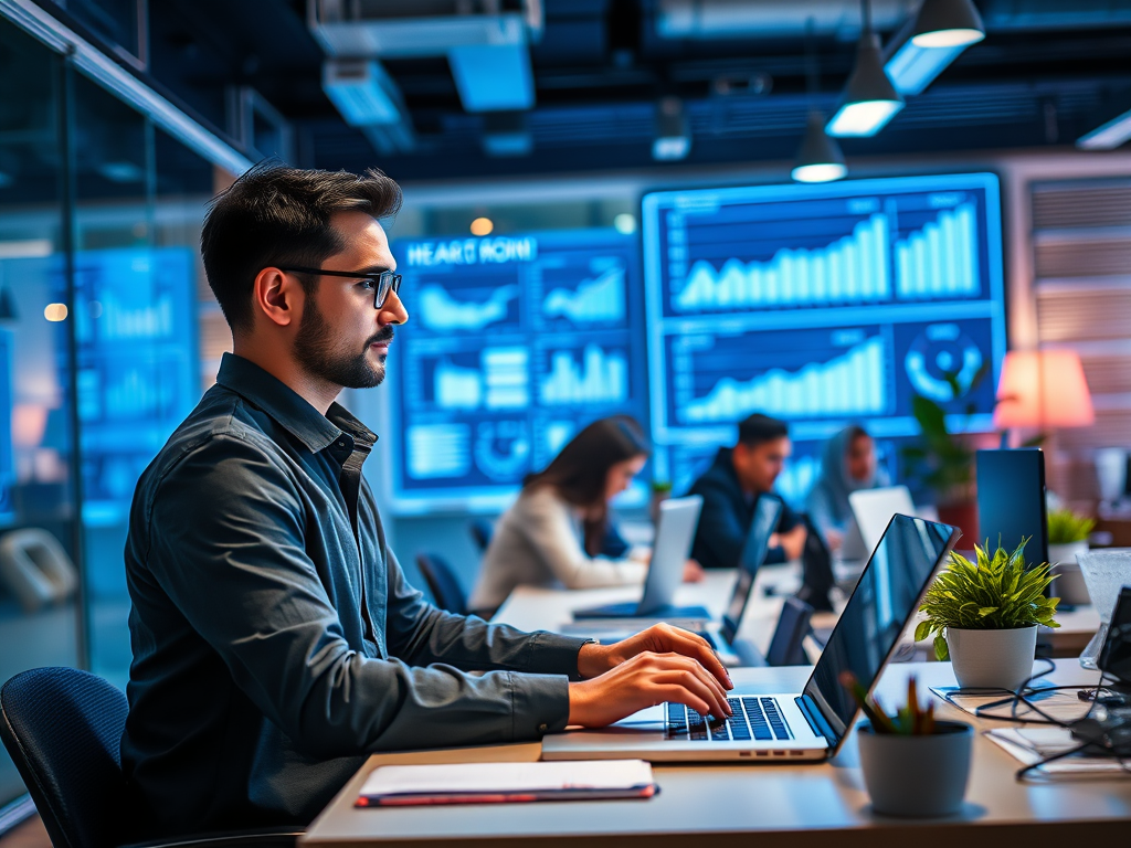 SEO specialist analyzing keywords, rankings, and performance charts for FJK SEO careers.