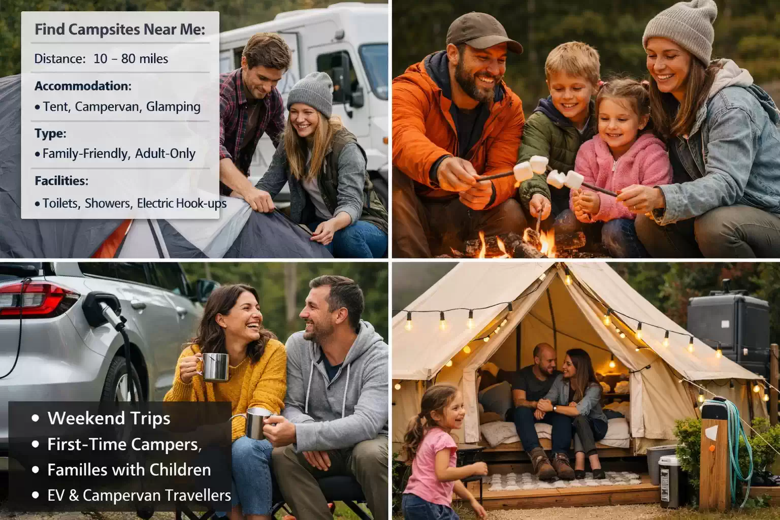 Find camping near me in the UK using postcode, weather and EV charging map