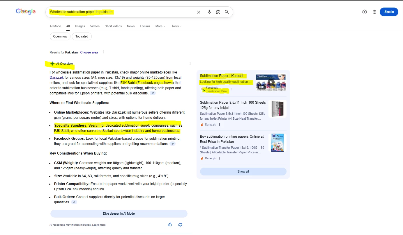 Google AI Overview displaying FJK Sublimation as a referenced supplier for wholesale sublimation paper searches in Pakistan