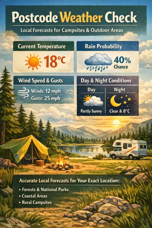post code weather check for camping