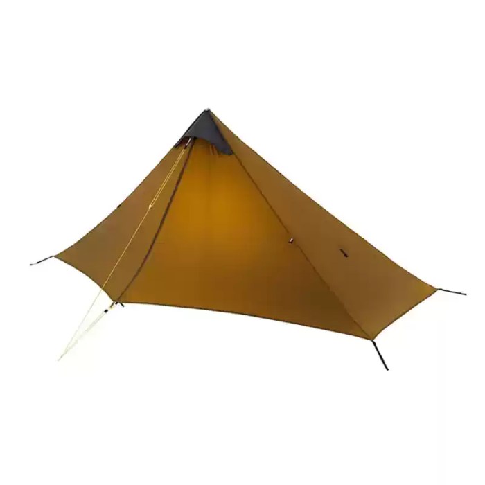 A 1 person outdoor ultralight camping tent pitched with trekking poles on a mountain ridge.