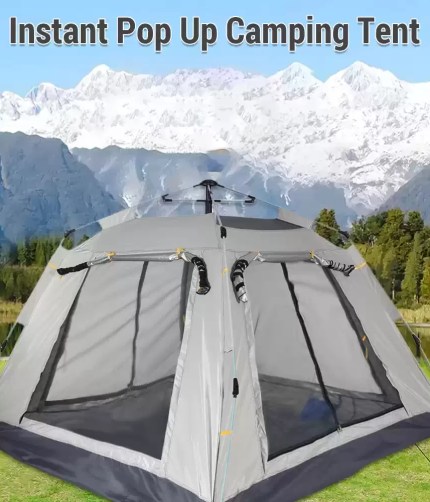 A 3-5 person tent standing stable during a breezy outdoor nature hike.