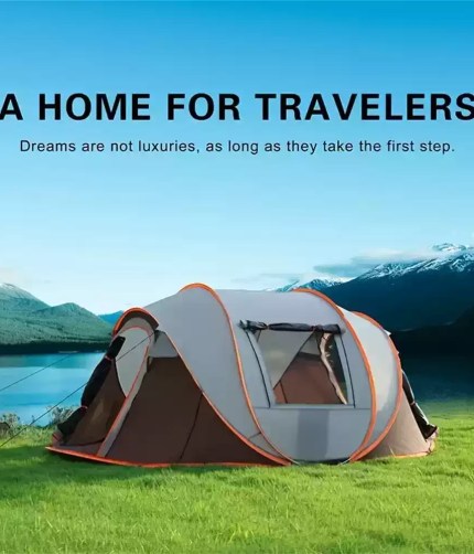 A 5-8 people quick opening hand throw tent popping open in a green field.