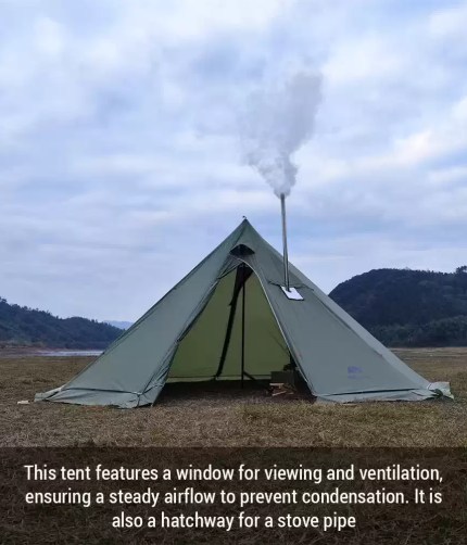 Close-up of the fire-resistant stove jack on the large camping hot tent.