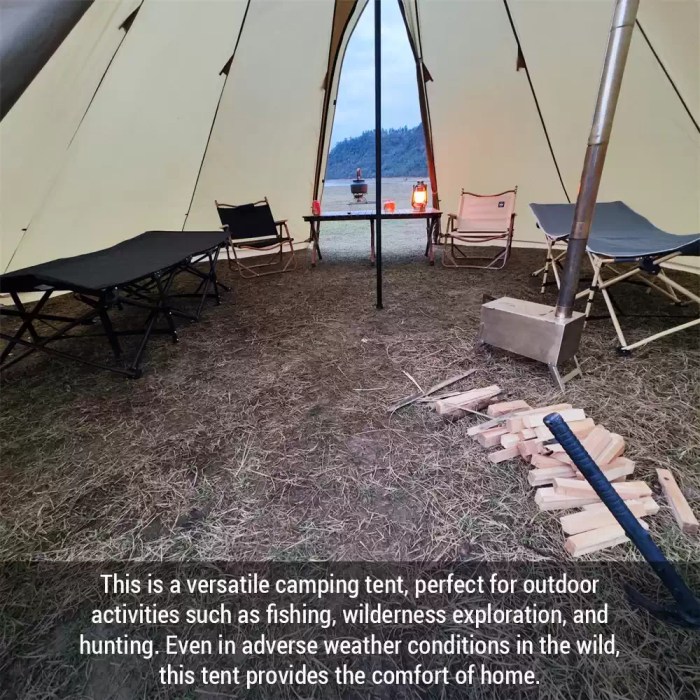 5-8 People Tipi Hot Tent with Stove Jack_3 Interior view of the 500PRO pyramid teepee tent with 8 sleeping bags arranged.