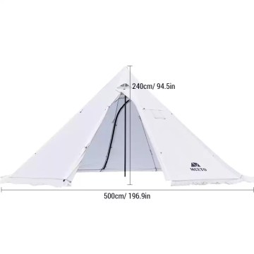 Large white bell tent with size dimensions shown, ideal for UK family camping and glamping