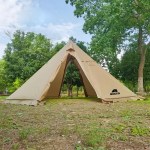 A 5-8 people tipi hot tent with a stove pipe venting through the roof in a snowy forest.