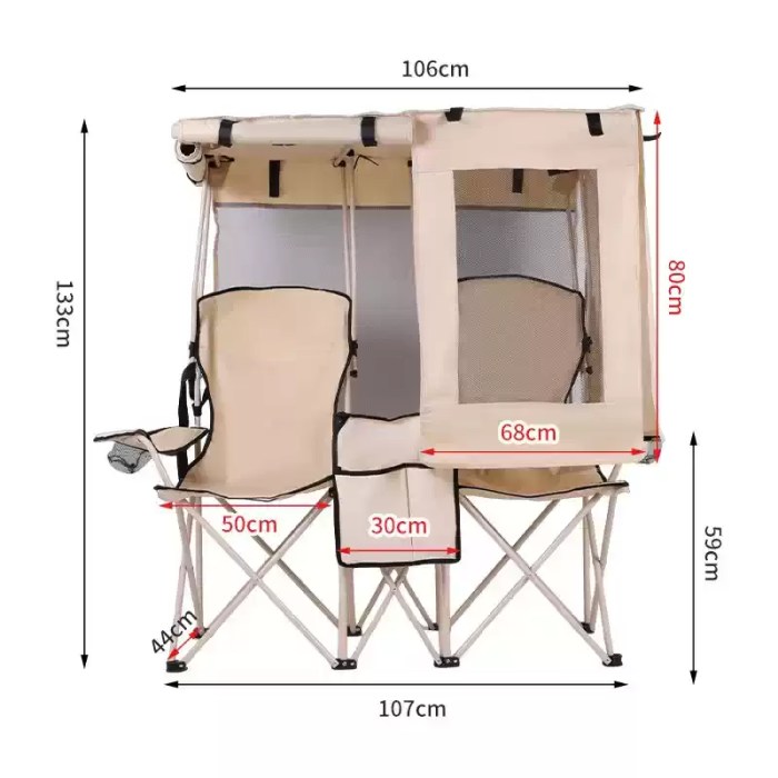 fjk-camping-gear-double-camping-chair-canopy-dimensions.webp Dimension diagram showing the centimeter measurements for the FJK Camping Gear double camping chair with canopy.