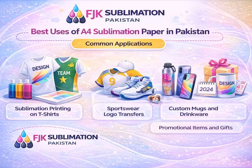 Common uses of A4 sublimation paper including t-shirts, mugs, sportswear, and gifts.