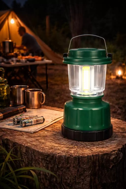 Portable LED camping lantern providing bright light at a campsite, battery-powered outdoor lantern for tent lighting, camping, and night use.