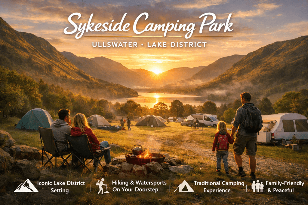 Sunset view at Sykeside Camping Park with tents set up, families enjoying the outdoor atmosphere, and the picturesque Lake District backdrop.
