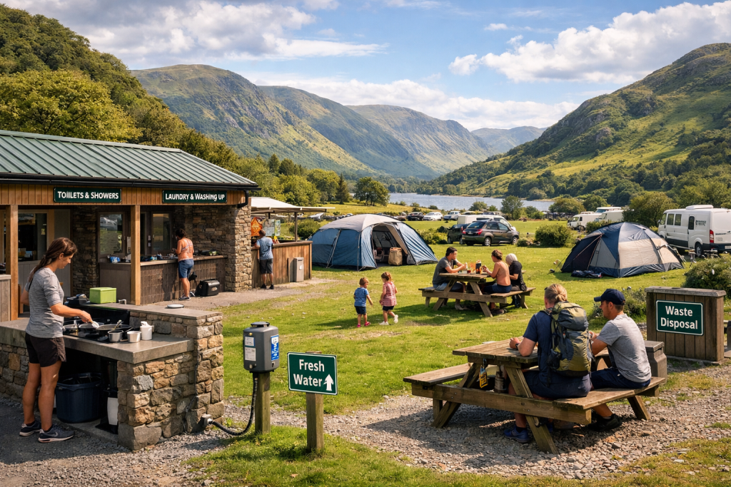 UK campsite with tents, picnic tables, facilities and lake surrounded by mountains in Lake District countryside