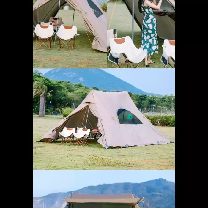 A group of hikers gathering under the extended canopy of the A-shaped shelter.