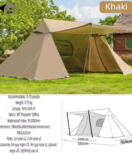 A large double-peaked A-shaped tent standing in a scenic autumn forest.