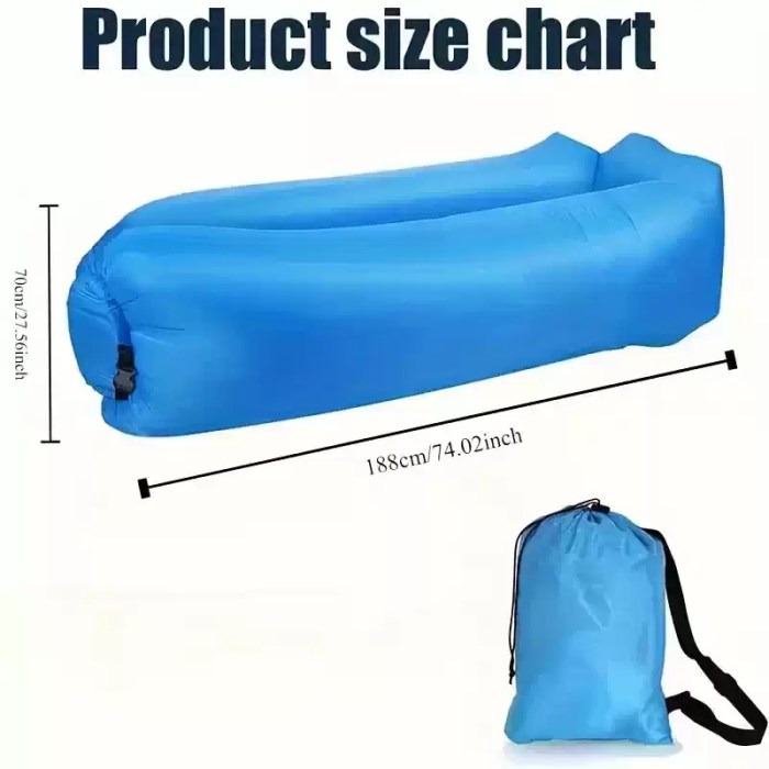 Foldable inflatable sofa chair in its compact carry bag.