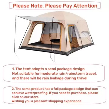 Large family camping tent with semi-covered canopy design highlighting weather and rain-use guidance for buyers