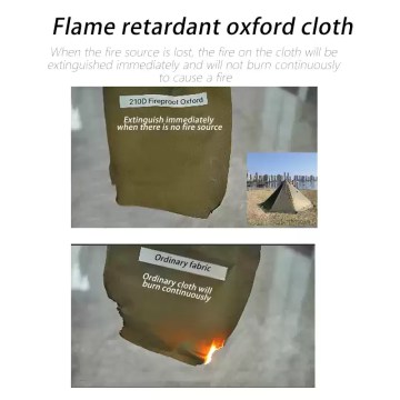 Flame-retardant Oxford tent fabric demonstrating self-extinguishing fire resistance