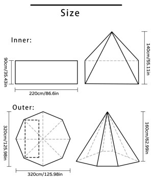 Pyramid camping tent size diagram showing inner and outer dimensions for setup reference