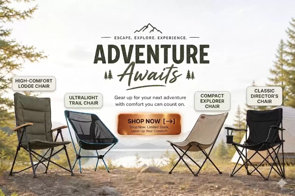 FJK Camping Gear camping chairs collection banner showcasing High-Comfort Lodge Chair, Ultralight Trail Chair, Compact Explorer Chair, and Classic Director's Chair with an outdoor mountain background.