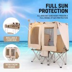 Promotional graphic highlighting the sun protection features of the FJK Camping Gear double camping chair with canopy on a beach background.